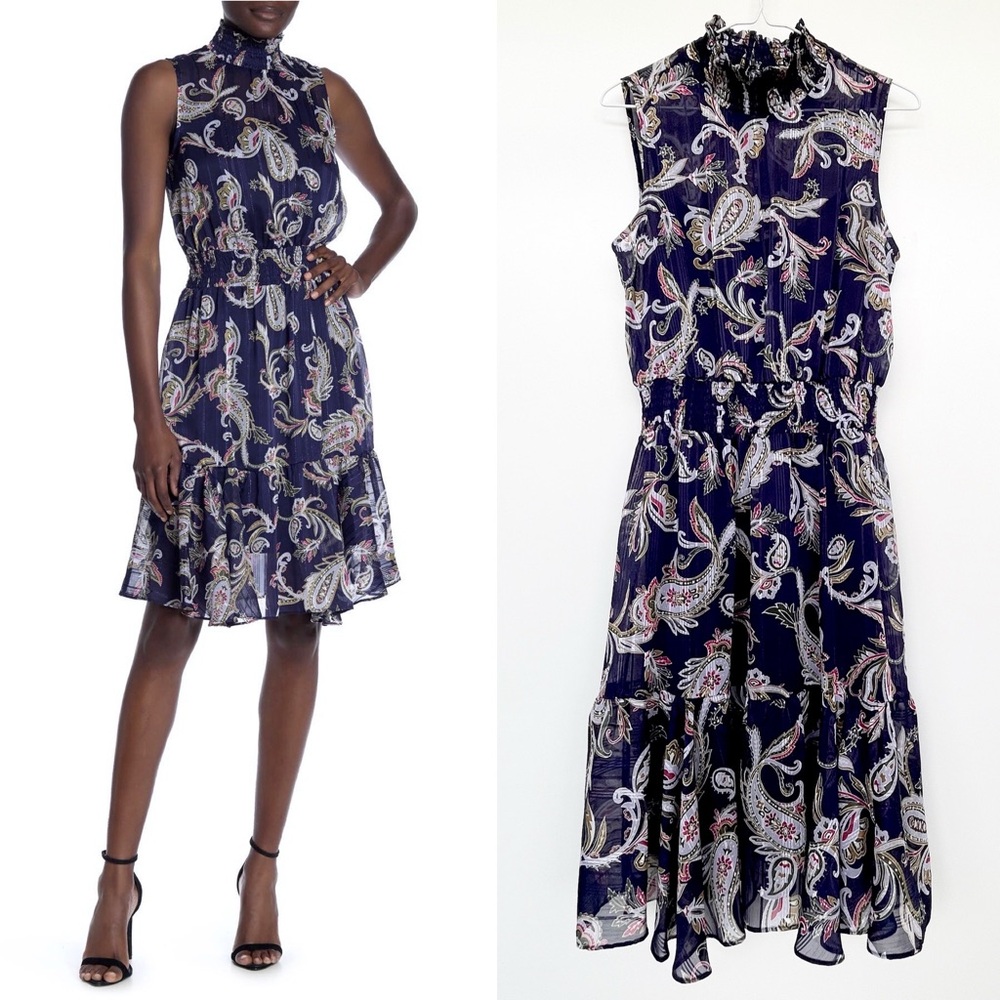 Nanette Lepore Chiffon Dress Sleeveless Mock Neck Smocked Neck & Waist